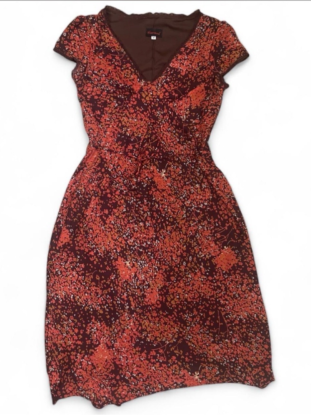 HeartSoul Vintage 80s Orange + Black Floral Print Midi Dress made in USA size S